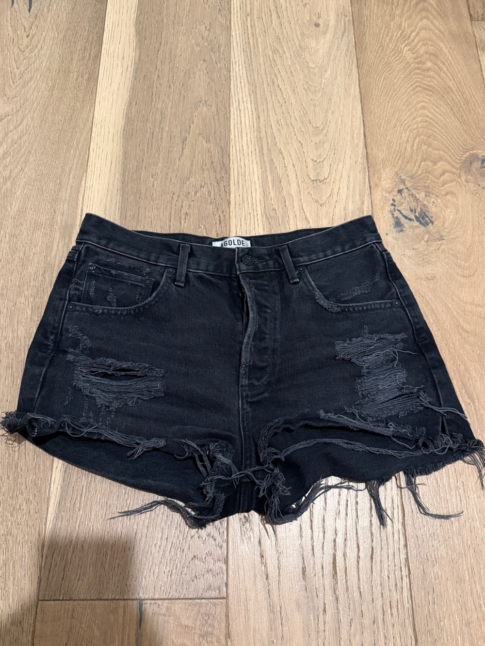 Agolde Black Distressed High-Rise Denim Shorts